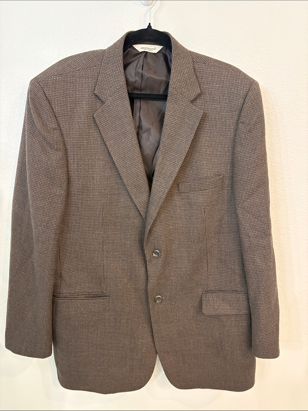Vintage Pronto Uomo Brown Micro Check Blazer 100% Lambswool Dark Academia 44R